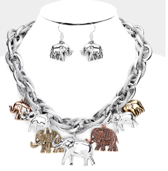 Elephant Multi-Charm Necklace and Earring Set