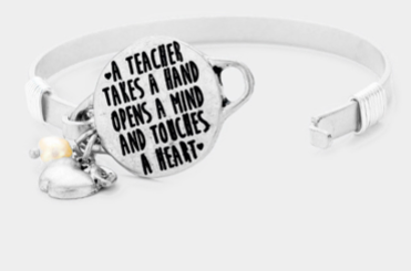 "A TEACHER TAKES..." METAL DISC APPLE CHARM HOOK BRACELET